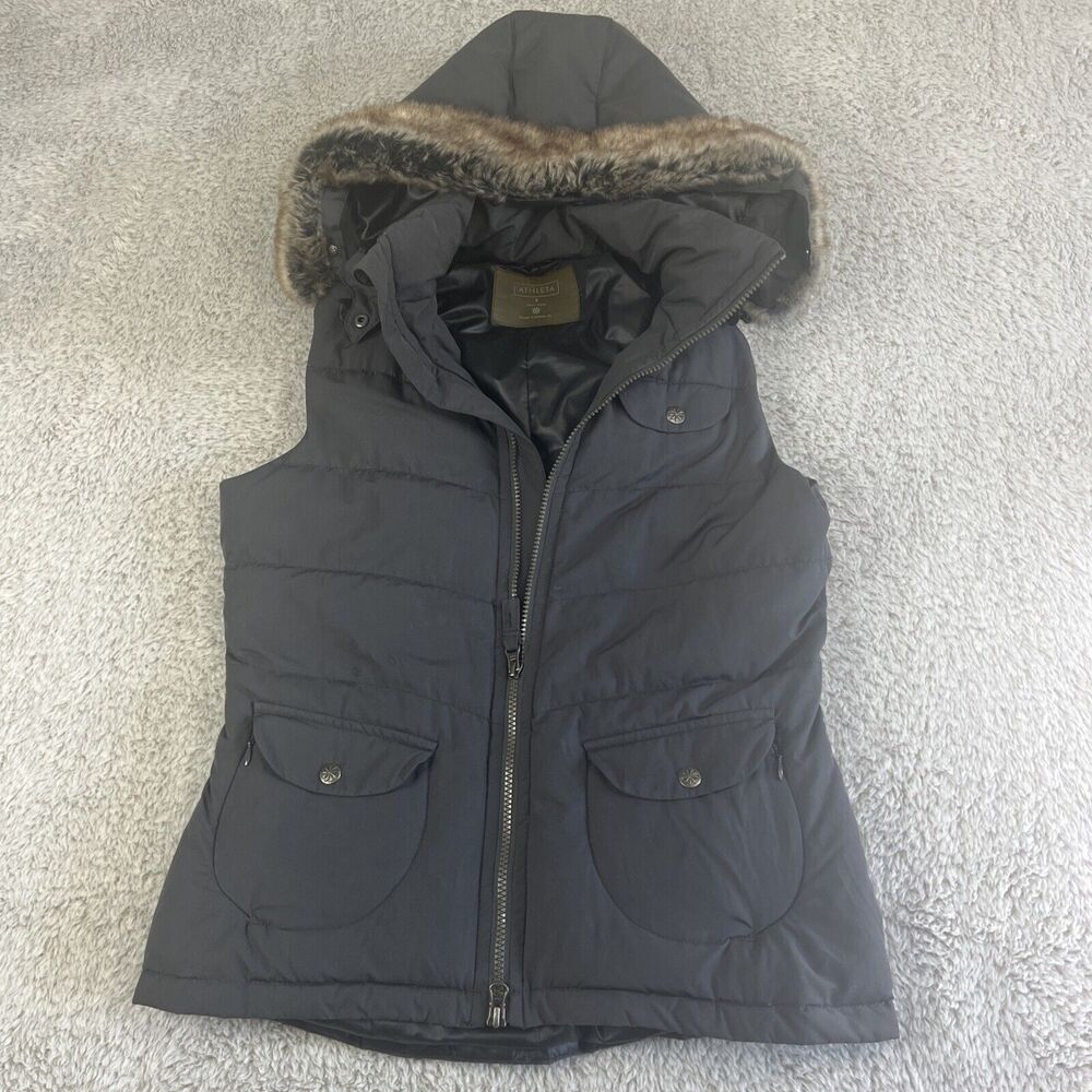 Athleta Goose Down Puffer Vest Women's Size S Stowaway Removable Fur Hoodie Gray